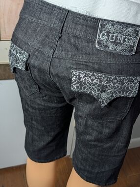G-unit Black Denim Jean Shorts with Silver Floral Embroidery Women Size 13